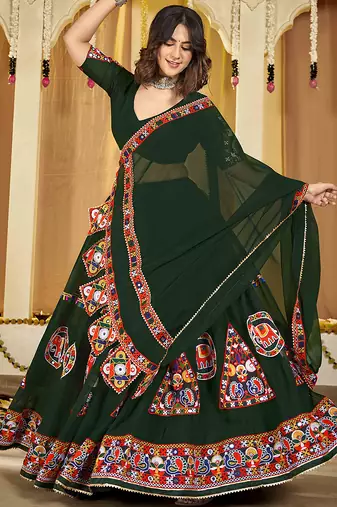 Women's Green Georgette Traditional Kutchi Embroidery with Mirror Work Semi Stiched Lehenga Choli With Dupatta