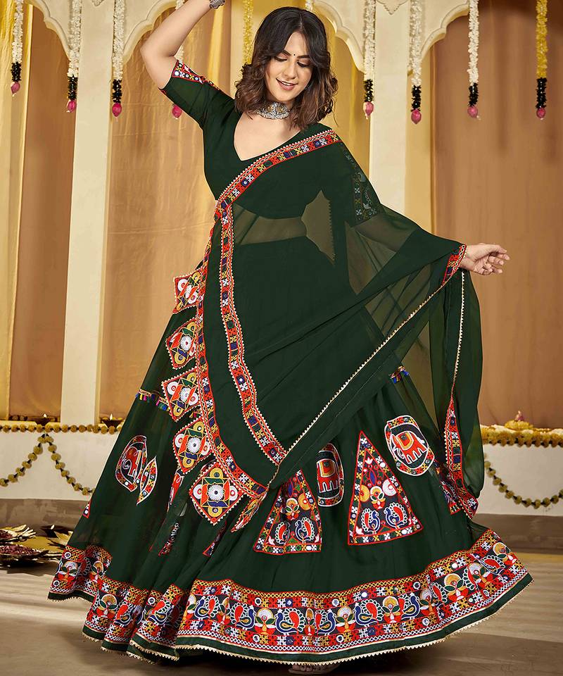 Women's Green Georgette Traditional Kutchi Embroidery with Mirror Work Semi Stiched Lehenga Choli With Dupatta