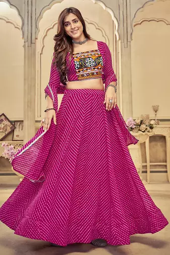pink diagonal striped georgette navratri lehenga set