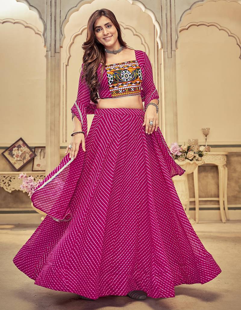 Women's Pink Georgette Embroidery and Printed  Semi Stiched Lehenga Choli With Dupatta