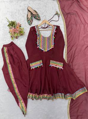  maroon peplum kurti with dhoti salwar and multicolor embroidered border 4