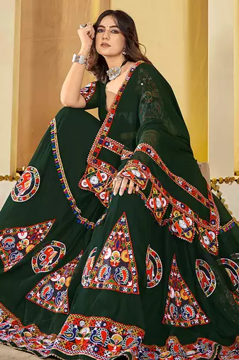 Women's Green Georgette Traditional Kutchi Embroidery with Mirror Work Semi Stiched Lehenga Choli With Dupatta