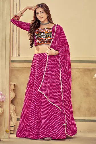 pink diagonal striped georgette navratri lehenga set
