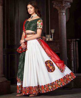 white mirror work cotton silk navratri lehenga set 1