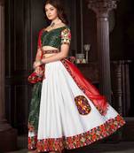 Women's White Crepe,Cotton Silk Traditional Kutchi Embroidery with Mirror Work Semi Stiched Lehenga Choli With Dupatta