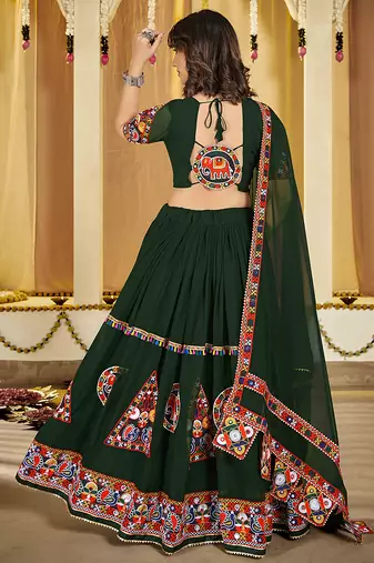 Women's Green Georgette Traditional Kutchi Embroidery with Mirror Work Semi Stiched Lehenga Choli With Dupatta
