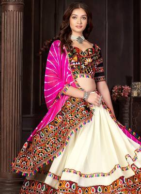 off white kutchi embroidery georgette navratri lehenga choli 1