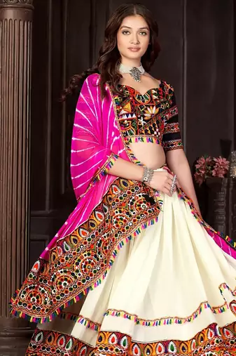 off white kutchi embroidery georgette navratri lehenga choli