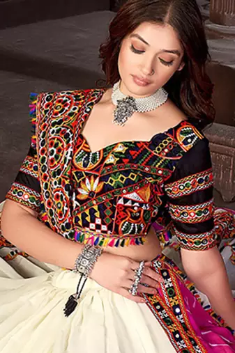 off white kutchi embroidery georgette navratri lehenga choli