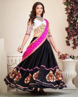 Women's Black Georgette Traditional Kutchi Embroidery with Mirror Work Semi Stiched Lehenga Choli With Dupatta 1