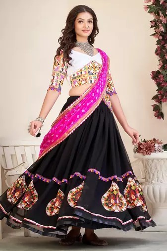 Women's Black Georgette Traditional Kutchi Embroidery with Mirror Work Semi Stiched Lehenga Choli With Dupatta