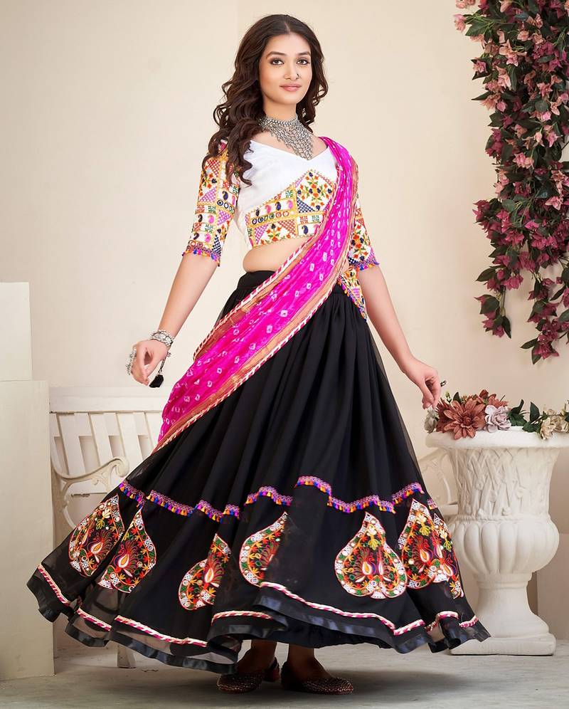 Women's Black Georgette Traditional Kutchi Embroidery with Mirror Work Semi Stiched Lehenga Choli With Dupatta