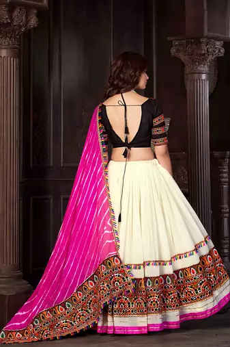 off white kutchi embroidery georgette navratri lehenga choli