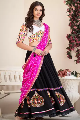 Women's Black Georgette Traditional Kutchi Embroidery with Mirror Work Semi Stiched Lehenga Choli With Dupatta