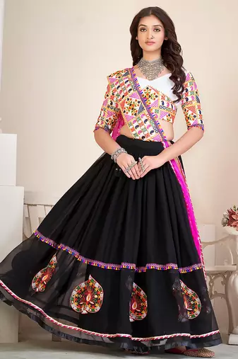 Women's Black Georgette Traditional Kutchi Embroidery with Mirror Work Semi Stiched Lehenga Choli With Dupatta