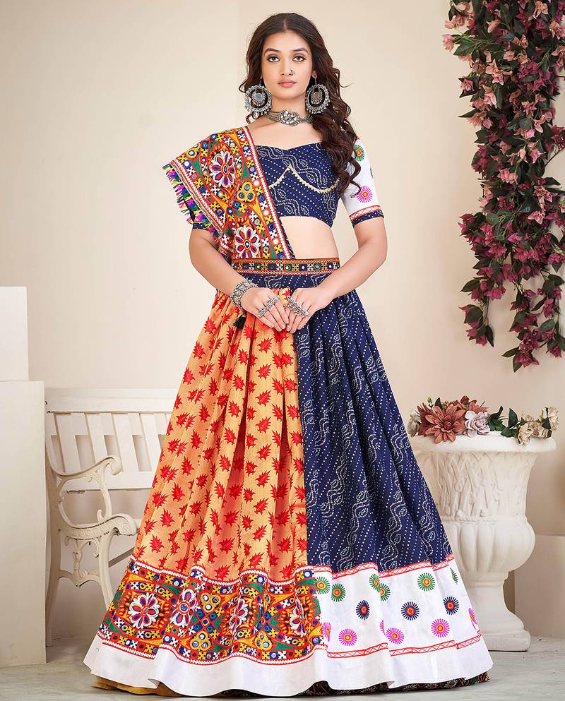 Women's Blue Cotton silk,woven silk Traditional Kutchi Embroidery