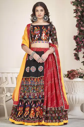 Women's Red Cotton silk, Traditional Kutchi Embroidery with Mirror Work Semi Stiched Lehenga Choli With Dupatta