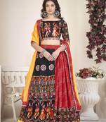 Women's Red Cotton silk, Traditional Kutchi Embroidery with Mirror Work Semi Stiched Lehenga Choli With Dupatta