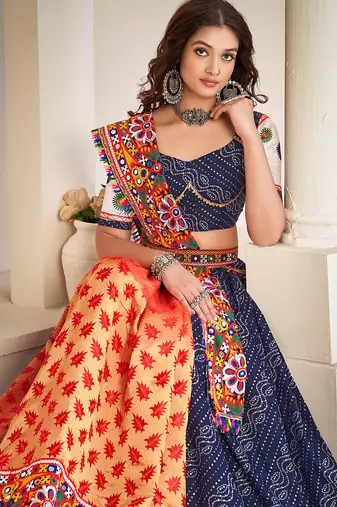Women's Blue Cotton silk,woven silk Traditional Kutchi Embroidery