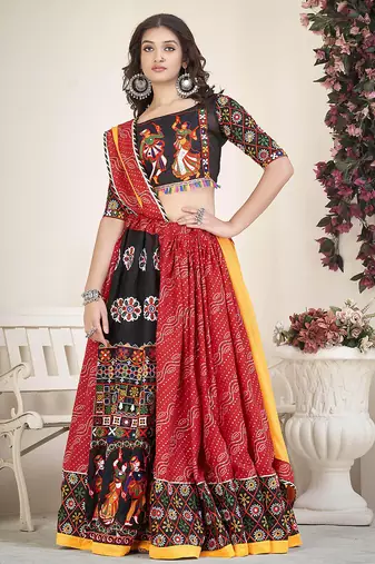 Women's Red Cotton silk, Traditional Kutchi Embroidery with Mirror Work Semi Stiched Lehenga Choli With Dupatta