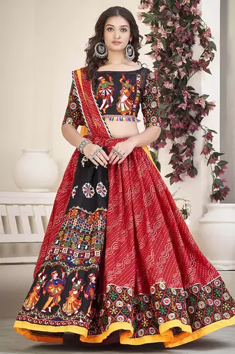 Women's Red Cotton silk, Traditional Kutchi Embroidery with Mirror Work Semi Stiched Lehenga Choli With Dupatta