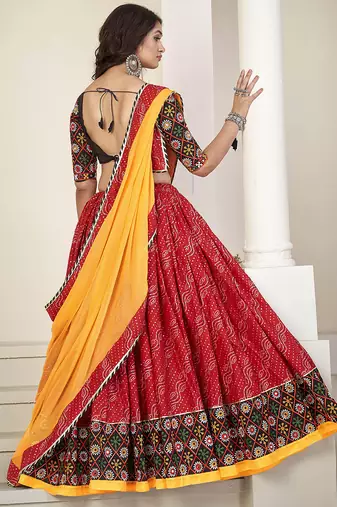 Women's Red Cotton silk, Traditional Kutchi Embroidery with Mirror Work Semi Stiched Lehenga Choli With Dupatta