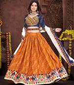Women's Mustard Cotton silk Traditional Kutchi Embroidery with Mirror Work Semi Stiched Lehenga Choli With Dupatta