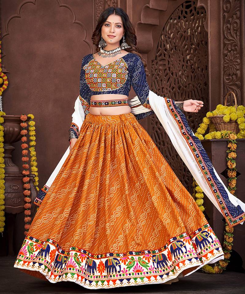 Women's Mustard Cotton silk Traditional Kutchi Embroidery with Mirror Work Semi Stiched Lehenga Choli With Dupatta