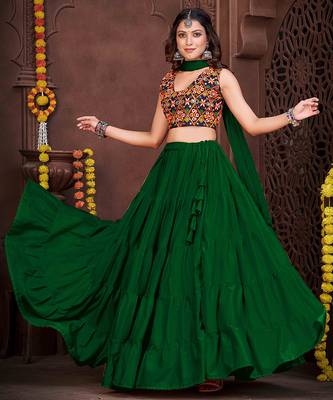 light green mirror work french crepe navratri lehenga choli 1