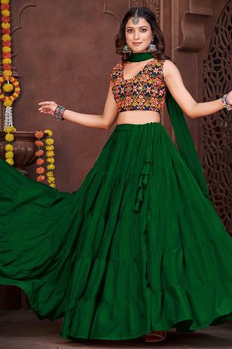 Women's Light Green French Crape Traditional Kutchi Embroidery with Mirror Work Semi Stiched Lehenga Choli With Dupatta