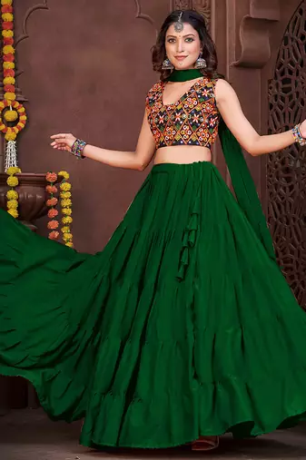 Women's Light Green French Crape Traditional Kutchi Embroidery with Mirror Work Semi Stiched Lehenga Choli With Dupatta