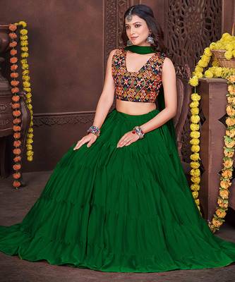 light green mirror work french crepe navratri lehenga choli 2