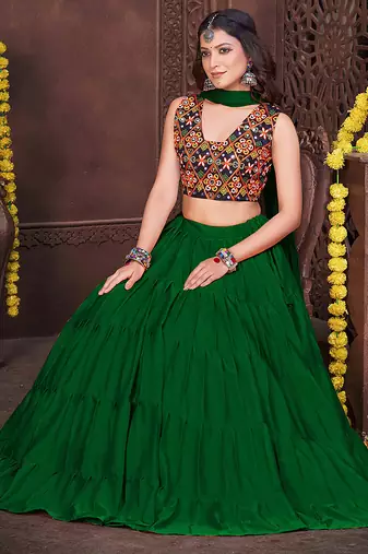 Women's Light Green French Crape Traditional Kutchi Embroidery with Mirror Work Semi Stiched Lehenga Choli With Dupatta