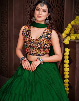 light green mirror work french crepe navratri lehenga choli 3