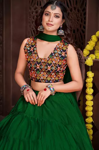 Women's Light Green French Crape Traditional Kutchi Embroidery with Mirror Work Semi Stiched Lehenga Choli With Dupatta