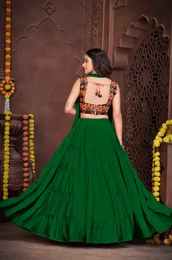 Women's Light Green French Crape Traditional Kutchi Embroidery with Mirror Work Semi Stiched Lehenga Choli With Dupatta