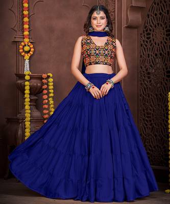 blue mirror work french crepe navratri lehenga choli 1