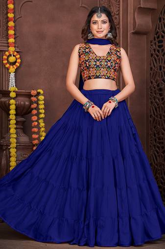 Women's Blue French Crape Traditional Kutchi Embroidery with Mirror Work Semi Stiched Lehenga Choli With Dupatta