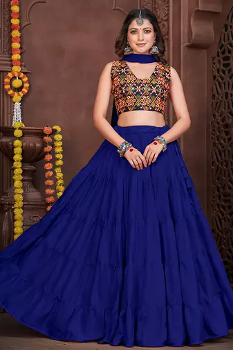 Women's Blue French Crape Traditional Kutchi Embroidery with Mirror Work Semi Stiched Lehenga Choli With Dupatta