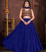 Women's Blue French Crape Traditional Kutchi Embroidery with Mirror Work Semi Stiched Lehenga Choli With Dupatta