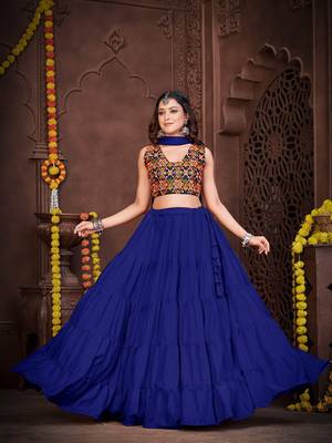 blue mirror work french crepe navratri lehenga choli 2