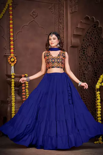 Women's Blue French Crape Traditional Kutchi Embroidery with Mirror Work Semi Stiched Lehenga Choli With Dupatta