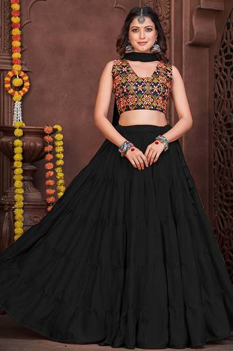 Women's Black French Crape Traditional Kutchi Embroidery with Mirror Work Semi Stiched Lehenga Choli With Dupatta