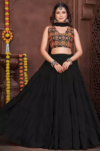 Women's Black French Crape Traditional Kutchi Embroidery with Mirror Work Semi Stiched Lehenga Choli With Dupatta