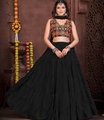 Women's Black French Crape Traditional Kutchi Embroidery with Mirror Work Semi Stiched Lehenga Choli With Dupatta
