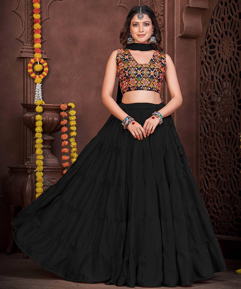 Women's Black French Crape Traditional Kutchi Embroidery with Mirror Work Semi Stiched Lehenga Choli With Dupatta