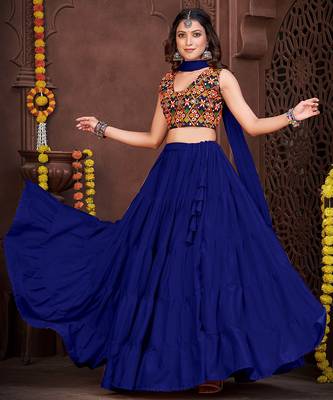 blue mirror work french crepe navratri lehenga choli 3