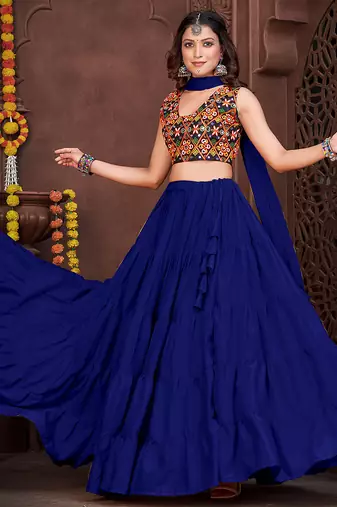 Women's Blue French Crape Traditional Kutchi Embroidery with Mirror Work Semi Stiched Lehenga Choli With Dupatta