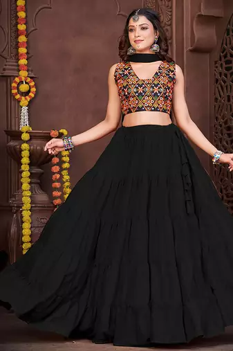 Women's Black French Crape Traditional Kutchi Embroidery with Mirror Work Semi Stiched Lehenga Choli With Dupatta