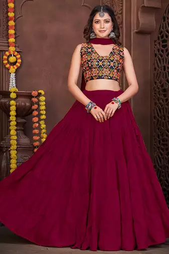 Women's Maroon French Crape Traditional Kutchi Embroidery with Mirror Work Semi Stiched Lehenga Choli With Dupatta
